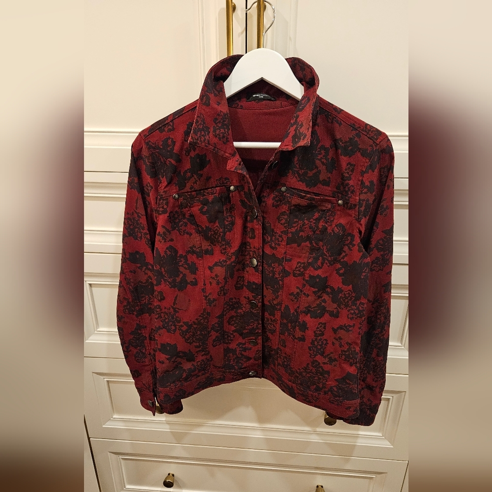 Ladies denim style red and navy jacket . Like new .